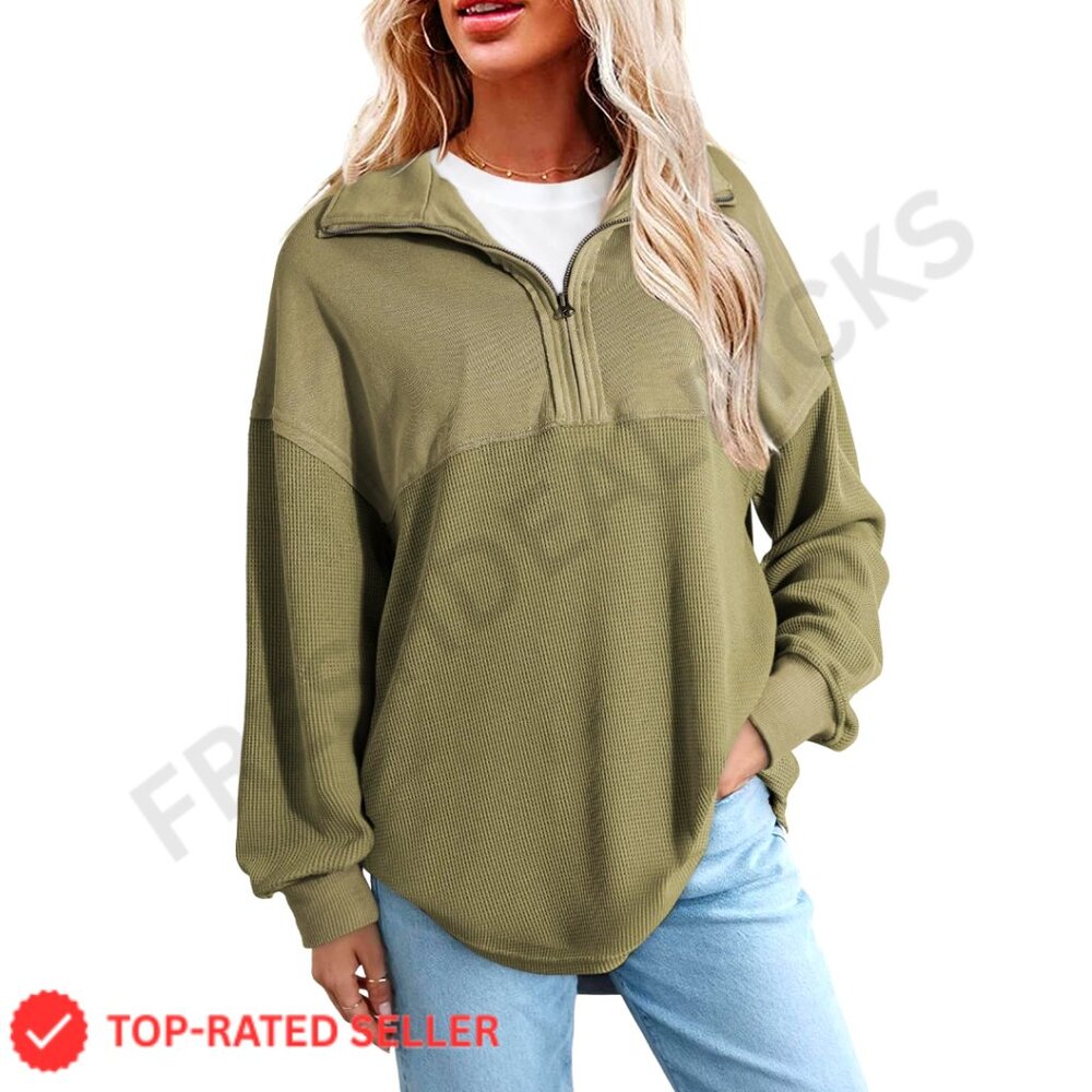 Oversized Waffle Knit Half Zip Pullover Sweatshirt Loose Fit Casual Chic